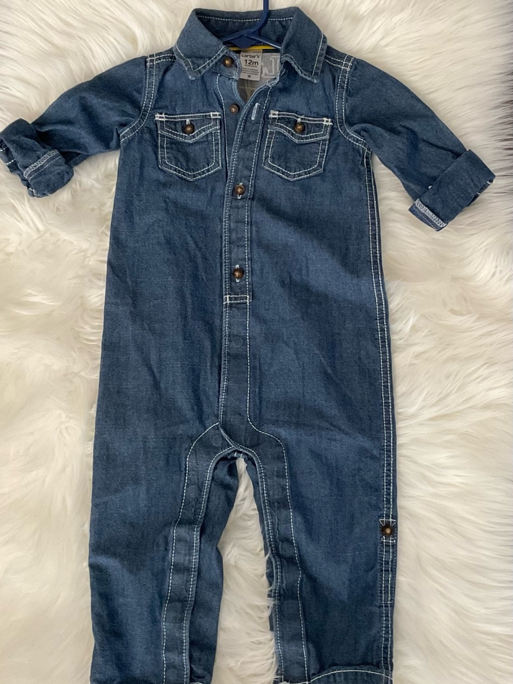 Carter's Dark Blue Denim Baby Jumpsuit with Collar
